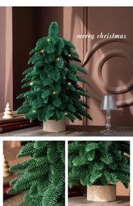 Mini PE artificial Christmas tree with warm LED lights and a stable wooden base