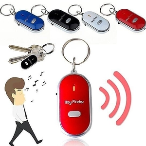 Key finder set in four colors showing whistle sound sensor and alarm notification