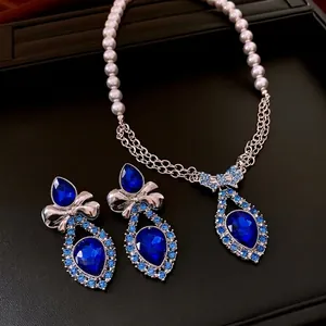 Luxury Blue Teardrop Crystal Jewelry Set For Women With Bow Faux Artificial Pearl Necklace And Earrings Silver Earring Post Vintage