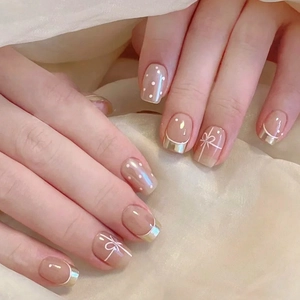 French Nude Pink Press On Nails Short Square Artificial False Nails With Bowknot Polka Dot Pattern Sweet Elegant For Women