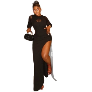 Slim fit black long dress with chest cutout, high slit and sleeveless design for women