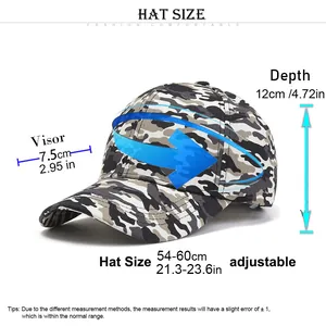Size chart detail for tactical camouflage baseball cap with adjustable measurements