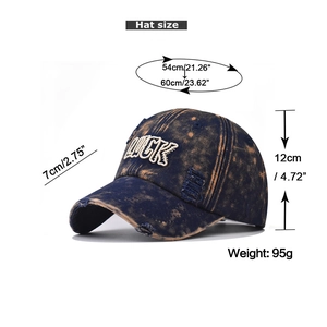 Detail view of navy washed denim cap with 3D LUCK embroidery and size measurements