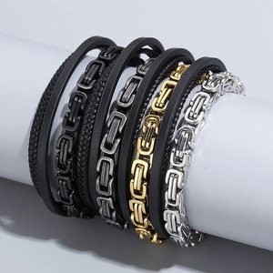 Mehrlagige geflochtene Herren-Lederarmbänder aus Titanstahl in verschiedenen Metallfarben