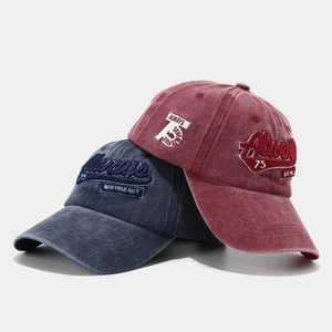 Vintage washed cotton baseball caps with 3D letter embroidery in burgundy and navy blue