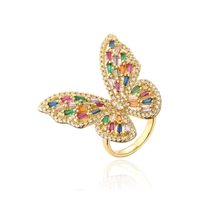 Elegant gold-plated butterfly ring featuring vibrant colorful zircon stones on a white base