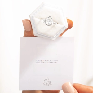 Detail of s925 silver sister knot ring with zircon, shown in gift box with message card