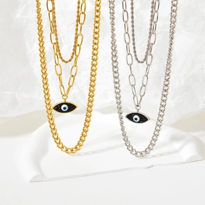 Three-layer stainless steel evil eye pendant necklace with twist and cuban chains