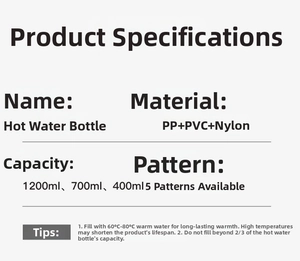 Specifications table for plush hot water bottles showing sizes 400ml to 1200ml and materials