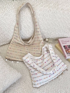 Bohemian knit shoulder bag with rainbow thread, seashell tassels and sequins detail