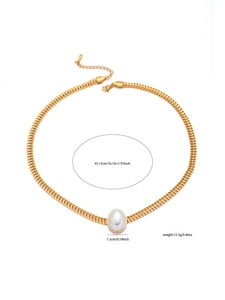 Detailed size chart of gold double layer snake chain necklace with pearl pendant