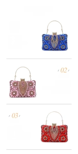 Macro shot of colorful rhinestone evening bags with sparkling floral crystal peacock patterns