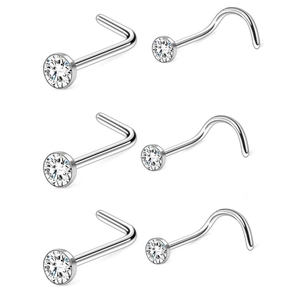 G23 titanium nose stud set with clear 5A zircon stones in L-shape and curved styles