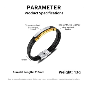 Vue détaillée du bracelet pour hommes en cuir noir double couche de 9mm et 210mm de long