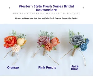 Detailed view of handmade wedding boutonnieres with silk roses and twine wrapping