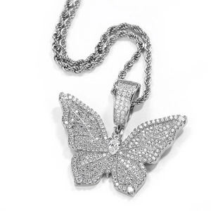 Hip hop butterfly pendant necklace in silver metal with sparkling cubic zirconia
