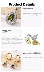 Detailed view of teardrop zircon earrings and pendant in 18K gold plated stainless steel