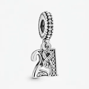 Silver number 21 charm pendant with sparkling cubic zirconia for DIY jewelry