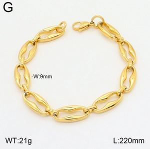 Detail view of 9mm wide gold U-shaped link bracelet with 220mm length specifications