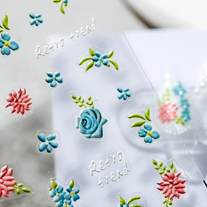 5D embossed retro flower nail art stickers with 3D blue rose and floral designs