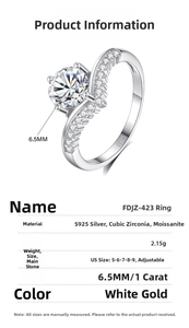 Detail view showing six-prong setting of the 1ct moissanite S925 sterling silver ring