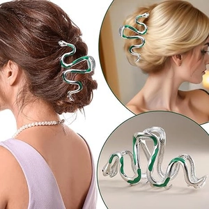 Elegant silver metal snake hair claw with green enamel finish for women's hairstyling