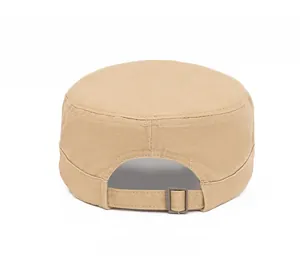 Detail of khaki cotton military cap with adjustable vintage metal buckle at the back