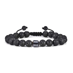 Bracciale regolabile in pietra lavica nera con cilindro in ematite e cordino intrecciato