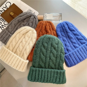 Cable Knit Beanie Hat Thickened Warm Winter Cuffed Cap For Women Men Solid Color Outdoor Casual Soft Fashionable