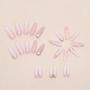 Pink and white gradient long ballet fake nails with sunflower and rhinestone accents