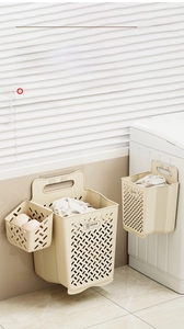 Wall-mounted foldable laundry baskets in two sizes for bathroom storage and organization
