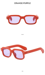 Detailed front and side views of orange rectangular sunglasses with purple lenses