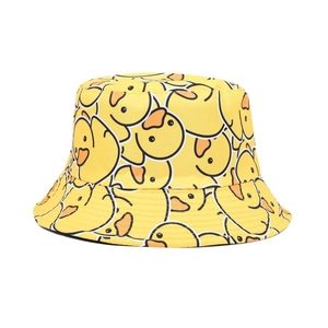 Yellow bucket hat featuring all-over cartoon duck print for outdoor sun protection