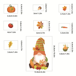 Detailed size chart for autumn gnome stickers including pumpkins, leaves and mushrooms