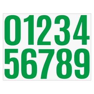 Macro view of green 4-inch waterproof number stickers 0 to 9 on a white background