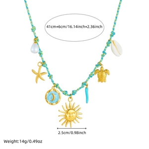 Braided ocean theme necklace with sun, starfish and turtle charms, 41cm plus 6cm extension