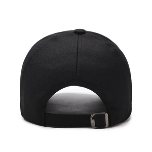 Men's black cotton baseball cap featuring an adjustable metal buckle and long brim