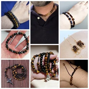 Set of natural tiger eye and obsidian beaded necklaces and elastic bracelets with charms