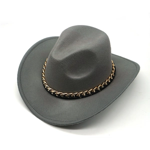 Grey wool western cowboy hat with a wide brim and decorative gold chain band