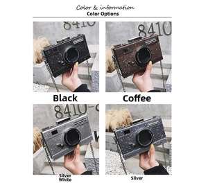 Detail view of glitter camera-shaped chain bags in black, brown, and silver colors