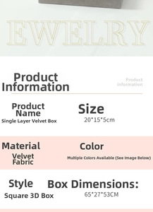 Detailed size specifications for the velvet jewelry box with clear window display