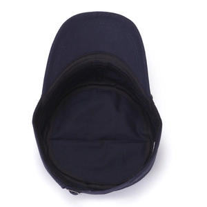 Flat top cadet cap in navy blue cotton with adjustable strap and internal sweatband detail
