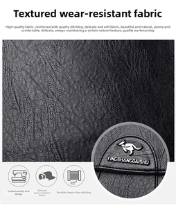 Close-up of black lychee grain leather texture and metallic kangaroo brand logo on backpack