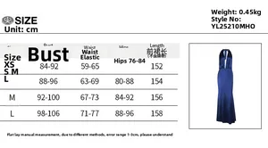 Size guide with detailed bust, waist, and hip measurements for the satin backless maxi dress