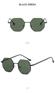 Detailed view of polygon metal sunglasses with black frames and dark green lenses