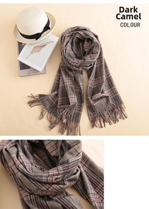 Close-up of thick winter cashmere scarf in dark camel check pattern with fringe details