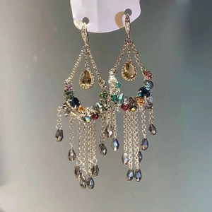 Vintage gold butterfly teardrop earrings with multi-colored gemstones and crystal tassels