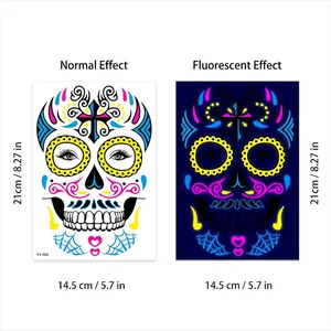 Luminous Day of the Dead face tattoo showing normal and UV glow floral skull effects