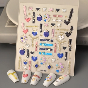 5D Embossed Nail Art Stickers Relief Punk Bronzing Chain Heart Zipper Belt Pattern DIY Manicure Decoration For Women