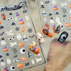 Halloween ghost pumpkin nail stickers set with orange and purple spooky festive patterns